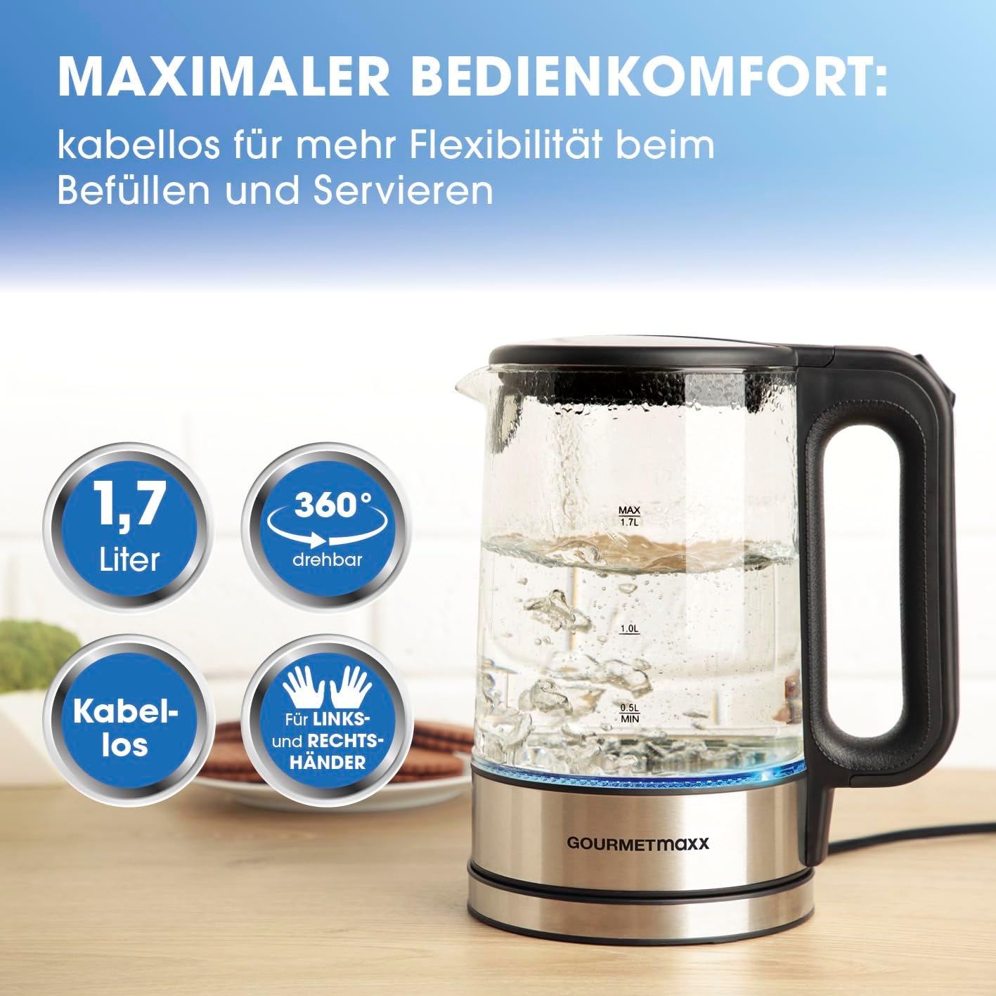Vlues uji GOURMETmaxx Glas-Wasserkocher, 2200W, 1.7L, inox/qelq