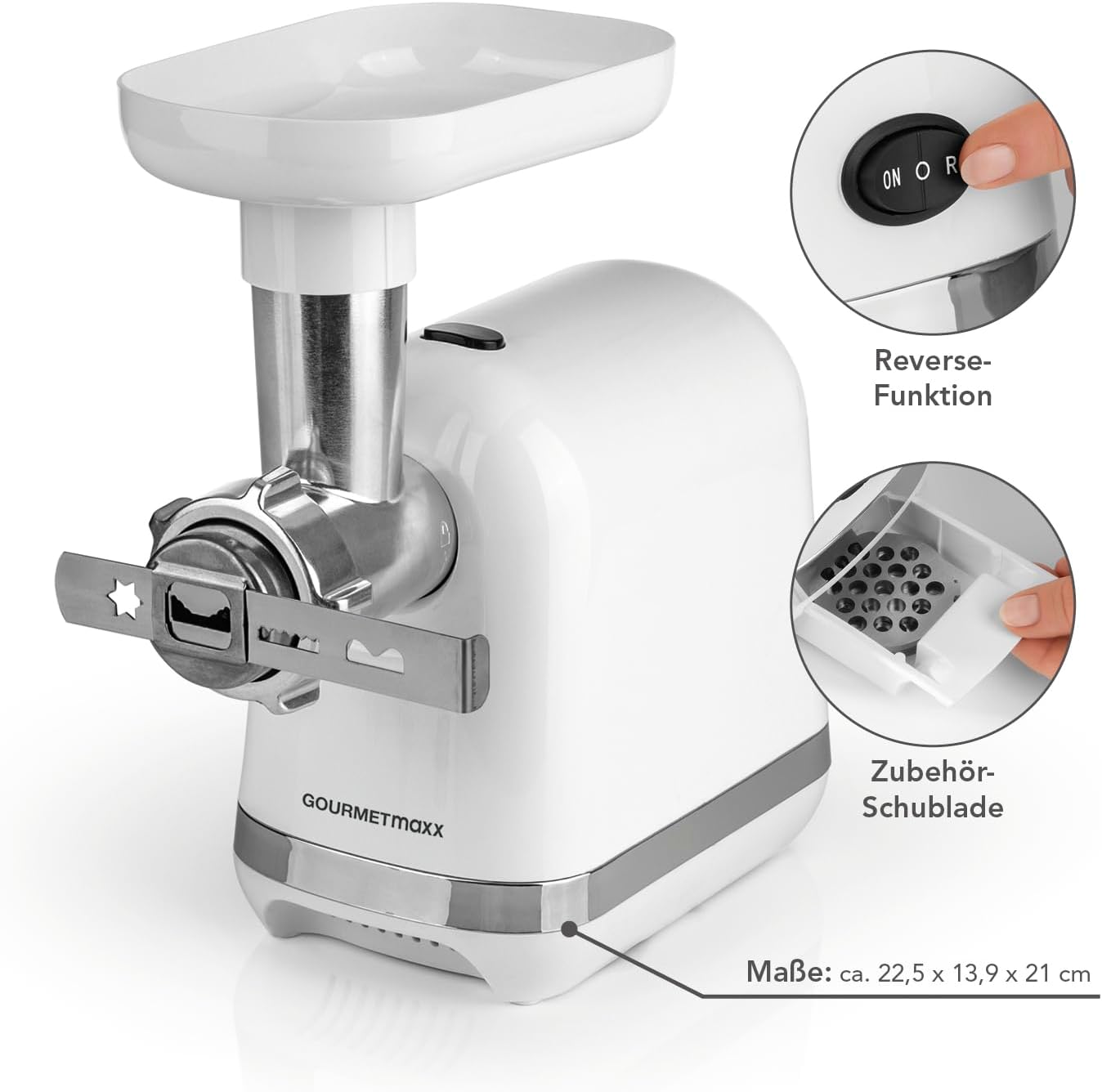 Makinë për bluarje mishi GOURMETmaxx Fleischwolf, 1300W, e bardhë